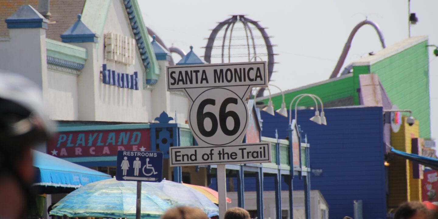 Route 66 End of the Trail Sign in Santa Monica, California